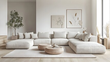 Cozy and Inviting Modern Living Room with Comfortable Sectional Sofa Minimalist Stylish Decor and Japandi Inspired Natural Elements for a Calming and Uncluttered Vibe