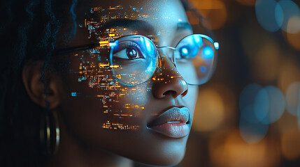 African Businesswoman working with data and tablet hologram with digital overlay for tech, statistics or stock market. 