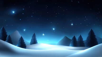 Naklejka premium Dark winter background with a deep blue sky, snow-covered trees silhouetted against the night, and a few stars peeking through the clouds.