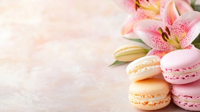 sweet french macarons with a bouquet of lilies - wallpaper concept with copyspace for text