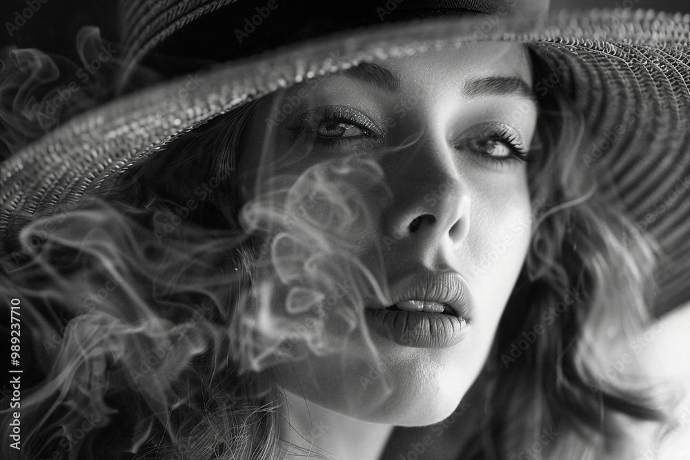 Poster Retro film noir grainy composition of young woman in smoke black white effect with generative AI