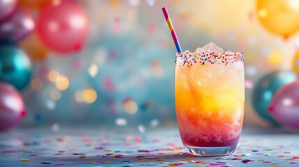 A colorful cocktail with a straw sits elegantly among festive balloons, ready for celebration
