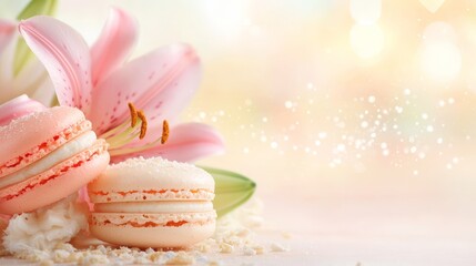 sweet french macarons with a bouquet of lilies - wallpaper concept with copyspace for text
