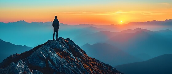 Lone silhouetted figure standing atop a rugged snow capped mountain peak at the first light of dawn gazing out over a vast