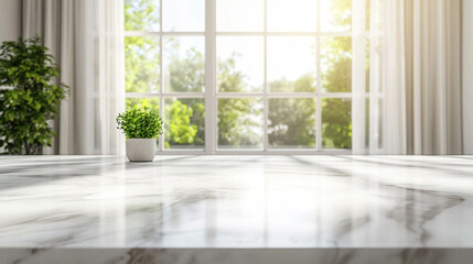 Fototapeta premium A white and empty counter in front of a bright window with greenery view