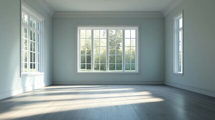 Obraz premium Empty living room with a white window with greenery view