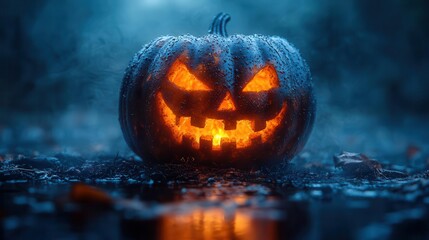 sinister jackolantern glowing in misty darkness eerie shadows halloween ambiance