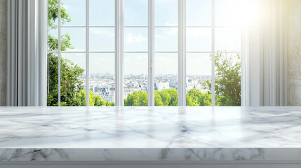 Fototapeta premium A white and empty counter in front of a bright window 