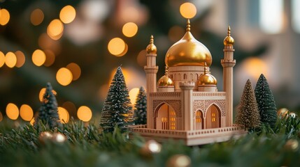 Obraz premium A miniature mosque with golden domes surrounded by small pine trees in front of a blurry background of Christmas lights.