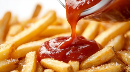 Tomato ketchup pouring over delicious French potato fries, isolated on white background