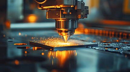 Close up scene the fiber laser cutting machine cut the square shape stainless steel tube with sparkling light. Generative AI