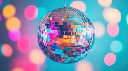 A colorful disco ball casting vibrant reflections across a room, with colorful lighting