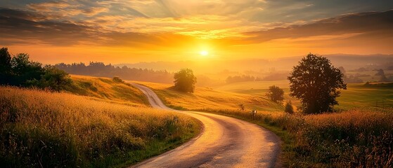 Bright golden sunrise illuminating a winding rural dirt road cutting through a lush peaceful countryside landscape of rolling hills meadows and trees  The scene symbolizes the start of a new path