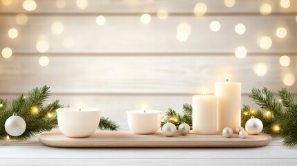 Farmhouse-style Christmas background with natural wooden elements, soft glowing candles, and handmade decorations, creating a cozy, rustic holiday setting.