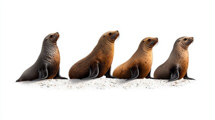 Fototapeta premium Four playful sea lions basking on the beach, showcasing their unique coats and personalities in a vibrant coastal setting.