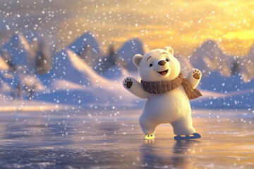 Fototapeta premium Happy cartoon polar bear wearing a scarf is ice skating on a frozen lake with a snowy mountain in the background