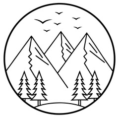 Obraz premium Line Art Vector of Mountains Framed by Pines with Birds Overhead