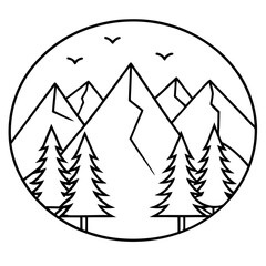 Obraz premium Line Art Vector of Mountains Framed by Pines with Birds Overhead