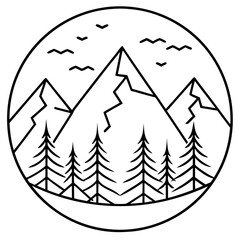 Line Art Vector of Mountains Framed by Pines with Birds Overhead