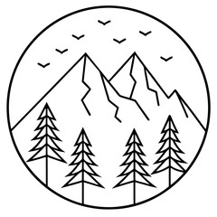 Obraz premium Line Art Vector of Mountains Framed by Pines with Birds Overhead