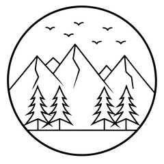 Obraz premium Line Art Vector of Mountains Framed by Pines with Birds Overhead