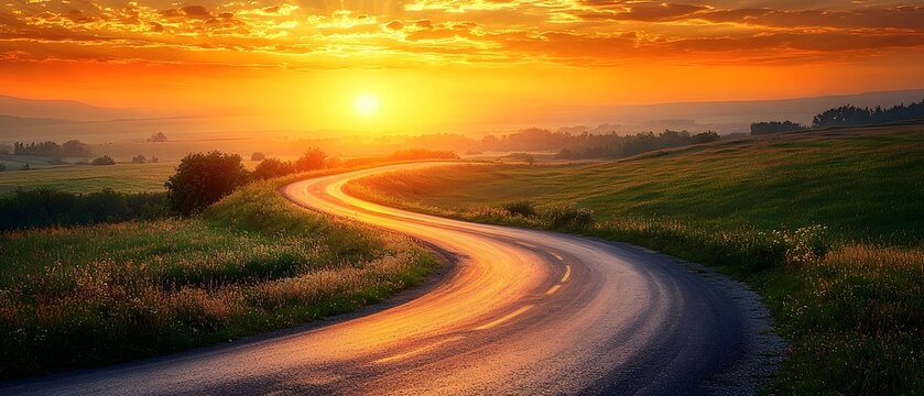 Vibrant sunrise casting a warm golden glow over a winding meandering road symbolizing the start of a new journey and path to and discovery