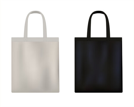 Black fabric bag  and white cotton eco bag mockup. Canvas bag with handle. Reusable shopping bag. Eco-bag for groceries. Vector Realistic illustration isolated on white background.