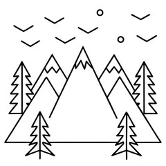 Fototapeta premium Line Art Vector of Mountains Framed by Pines with Birds Overhead