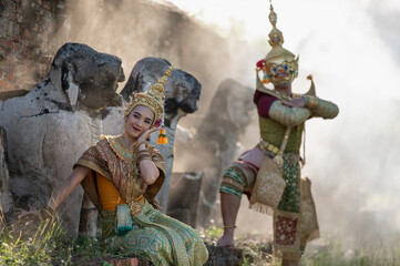 Pantomime (Khon) is traditional Thai classic masked play enacting scenes from the Ramayana in a...