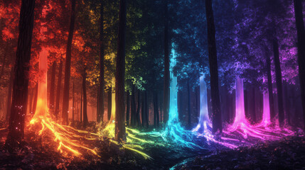 Naklejka premium dreamlike forest filled with glowing neon trees creates vibrant and enchanting atmosphere. colorful roots illuminate surroundings, evoking sense of wonder and magic