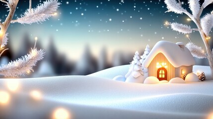 Naklejka premium Festive winter holiday background with snow-covered trees, twinkling lights, and a glowing, cozy cottage in the distance. A magical winter wonderland feel.