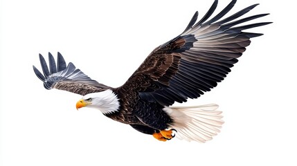Obraz premium Majestic eagle in flight, showcasing its powerful wings and stunning plumage against a white background, symbol of freedom and strength.