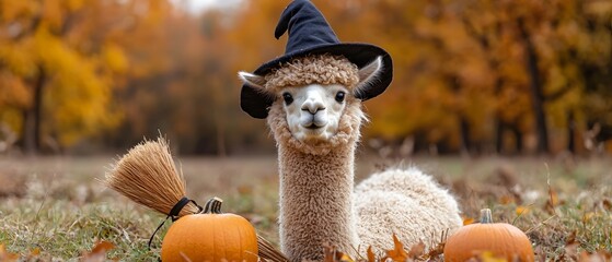 Obraz premium Whimsical witch alpaca wearing a black conical hat and carrying a broom in an autumn field filled with pumpkins and fall foliage