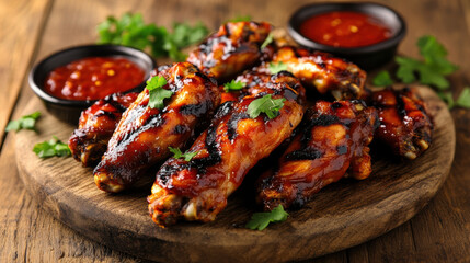 Grilled chicken wings marinated in sweet and spicy sauce, garnished with fresh herbs, served with dipping sauce on rustic wooden board