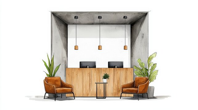 Modern reception area with stylish decor, featuring wooden counter, comfortable chairs, and indoor plants for a welcoming atmosphere.