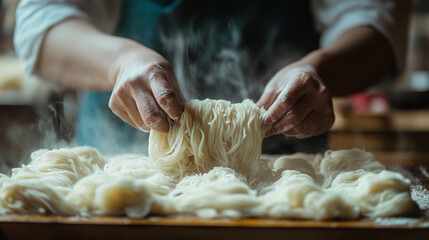 Hands making noodle with flour, symbolizing the traditional artistry behind Chinese cuisine, handmade noodles