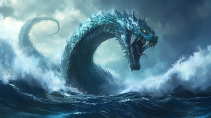 Sea serpent, leviathan, rising from ocean. Sea Serpent. Illustration