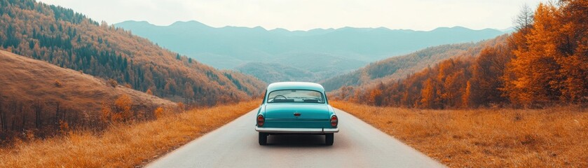 Fototapeta premium Scenic Autumn Road Trip with Vintage Car