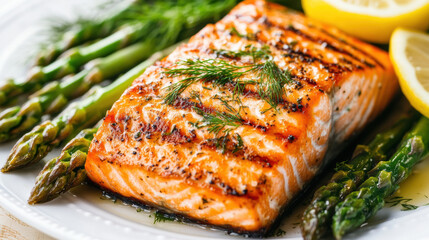 Grilled salmon fillet served with fresh asparagus and lemon slices, garnished with dill, creates vibrant and appetizing dish. combination of flavors is delightful and visually appealing