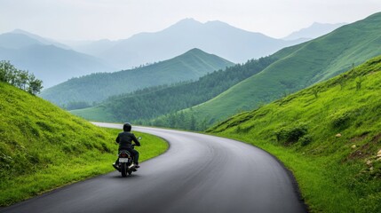 Rider Exploring Winding Mountain Road on Motorcycle