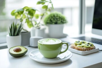 A cozy workspace with a green tea latte and a healthy avocado snack. Enjoy the simple beauty of plants and fresh flavors. Perfect for wellness lovers. Generative AI