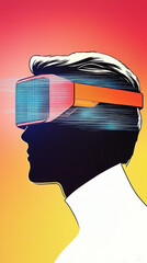 Man wearing a virtual reality headset against a colorful background.
