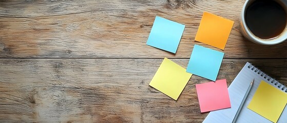 Business plan template on a desk with colorful sticky notes and a cup of coffee representing a planning session with copy space for text