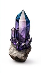 Stunning amethyst crystal cluster with a unique blue tip, showcasing intricate details and vibrant colors against a clean background.