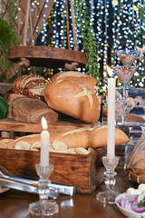 breakfast table with fruit bread cheese snack tropical salad ham grapes chestnut healthy food
