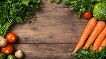 Fresh vegetables arranged on a rustic wooden table, featuring carrots, tomatoes, mushrooms, and greens, creating a vibrant and healthy display.