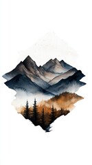 Stunning watercolor mountain landscape featuring peaks, forests, and atmospheric mist. Perfect for nature enthusiasts.
