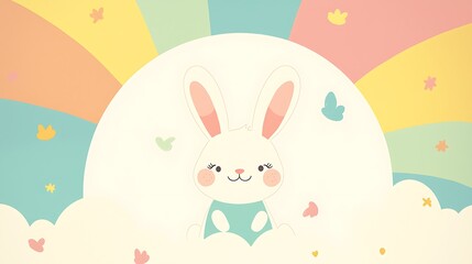 Obraz premium Whimsical Bunny in a Rainbow Dreamland - Charming Children's Art Illustration with Soft Clouds and Pastel Hues