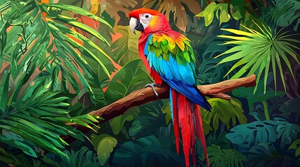 Fototapeta premium Vibrant Parrot Illustration in Lush Jungle Setting with Exotic Style and Bright Colors