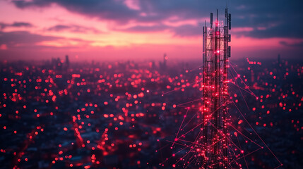 Telecommunication tower with cellular network antenna on Smart city and abstract line and dot connect with gradient line design. Big Data, IoT and 5G concept